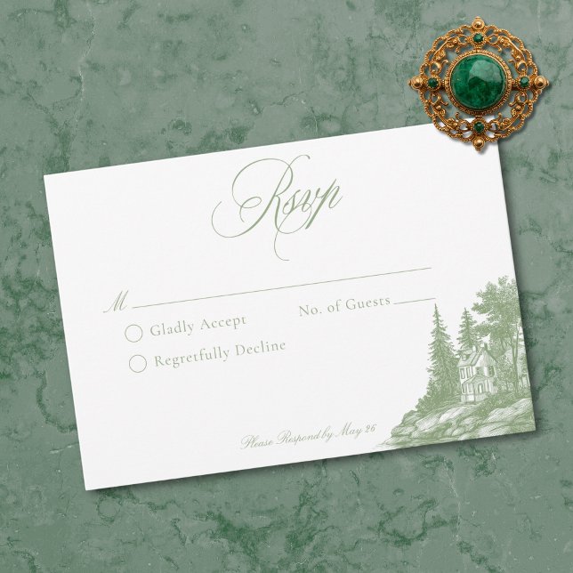 Tarjeta De Confirmación De Asistencia Elegant Sage Green Toile French Manor Wedding (Elegant Sage Green Toile French Manor Wedding RSVP Card)
