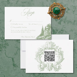 Tarjeta De Confirmación De Asistencia Elegant Sage Green Toile French Manor Wedding QR