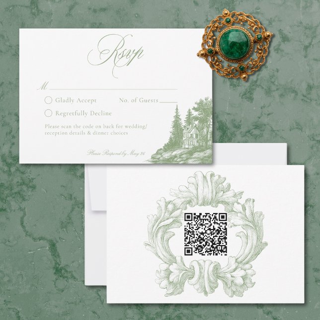Tarjeta De Confirmación De Asistencia Elegant Sage Green Toile French Manor Wedding QR (Elegant Sage Green Toile French Manor Wedding QR RSVP Card)