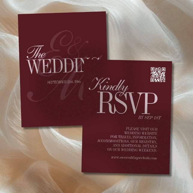 Tarjeta De Confirmación De Asistencia Elegant Script Burgundy Red QR Code Formal Wedding (Announce your upcoming wedding to guests with this Elegant Script Burgundy Red Formal Wedding RSVP!)