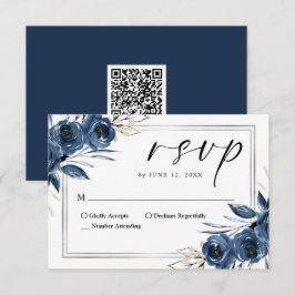 Tarjeta De Confirmación De Asistencia Elegant Script Navy Blue Floral Wedding QR Code