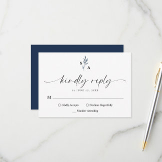 Tarjeta De Confirmación De Asistencia Elegant Simple Monogram Navy Blue Calligraphy