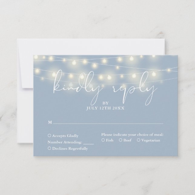 Tarjeta De Confirmación De Asistencia Elegant String Lights Dusty Blue Wedding (Anverso)
