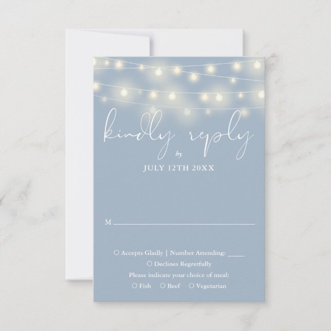 Tarjeta De Confirmación De Asistencia Elegant String Lights Dusty Blue Wedding (Anverso)