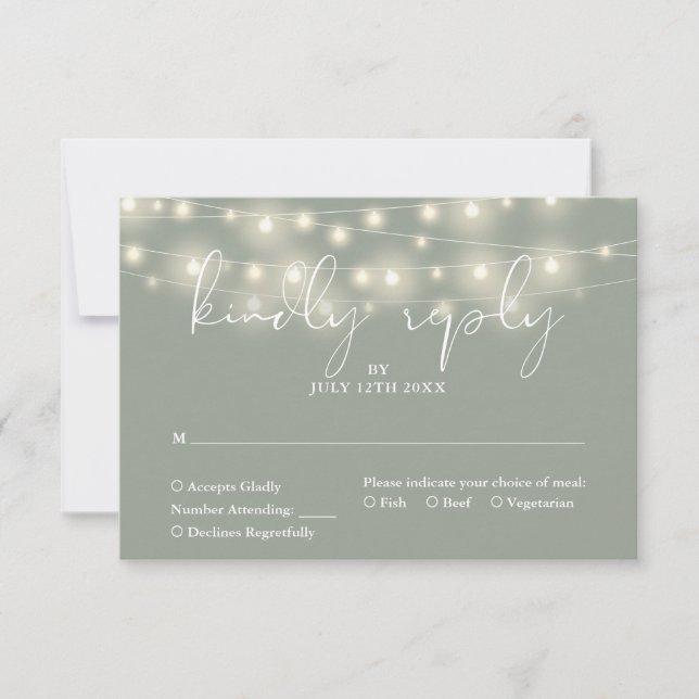 Tarjeta De Confirmación De Asistencia Elegant String Lights Sage Green Wedding (Anverso)