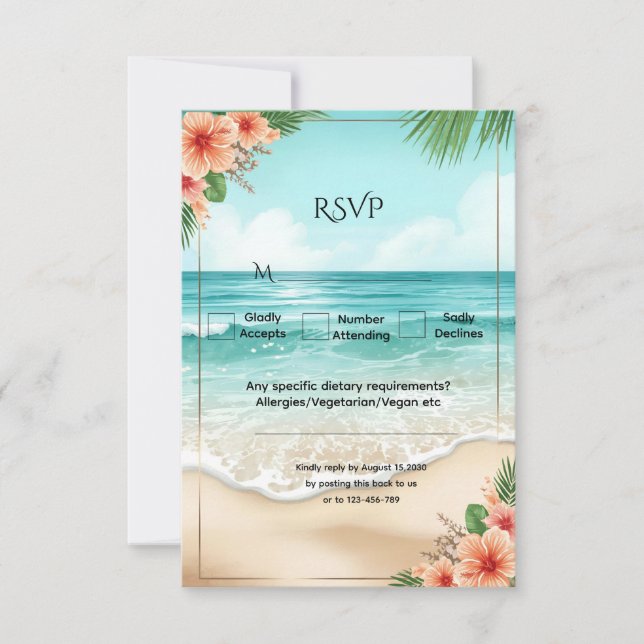 Tarjeta De Confirmación De Asistencia Elegant Tropical Coastal Hawaiian Beach Wedding (Anverso)