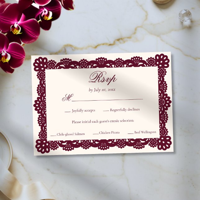 Tarjeta De Confirmación De Asistencia Elegant Victorian Burgundy Ivory Lace Wedding Meal (Subido por el creador)