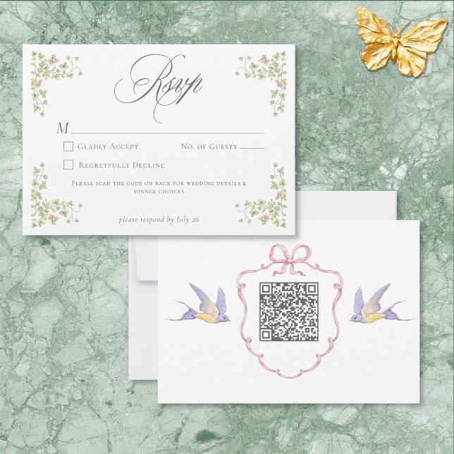 Tarjeta De Confirmación De Asistencia Elegant Victorian Pastel Floral Bow Wedding QR (Elegant Victorian Pastel Floral Bow Wedding QR RSVP Card)