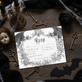 Tarjeta De Confirmación De Asistencia Elegant Vintage Gothic Black Toile Bat Wedding
