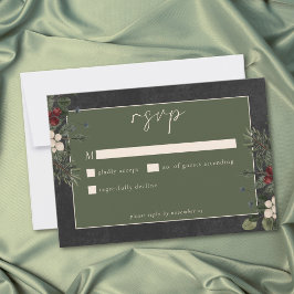 Tarjeta De Confirmación De Asistencia Elegant Winter Berries & Pine Black Wedding