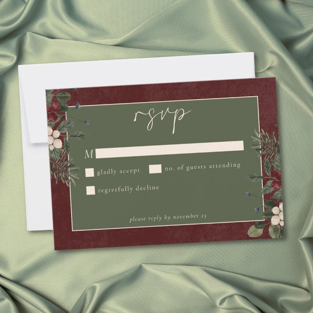 Tarjeta De Confirmación De Asistencia Elegant Winter Berries & Pine Burgundy Wedding (Elegant Winter Berries & Pine Burgundy Wedding RSVP Card)