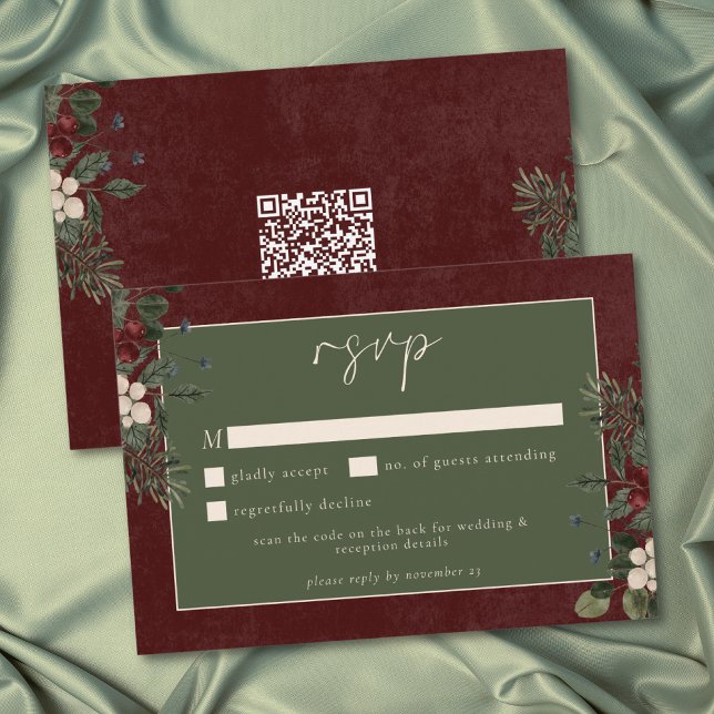 Tarjeta De Confirmación De Asistencia Elegant Winter Berries & Pine Burgundy Wedding QR (Elegant Winter Berries & Pine Burgundy Wedding QR RSVP Card)