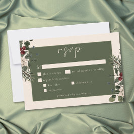 Tarjeta De Confirmación De Asistencia Elegant Winter Berries & Pine Ivory Wedding