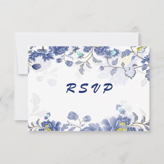 Tarjeta De Confirmación De Asistencia Elegante acuarela Azul Floral Boda Botánico (Anverso)