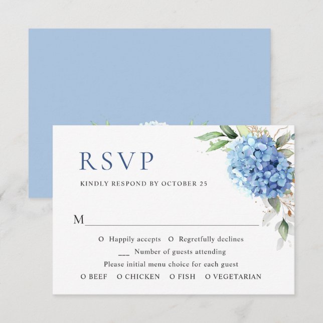 Tarjeta De Confirmación De Asistencia Elegante acuarela azul hidrangea Boda floral (Anverso / Reverso)