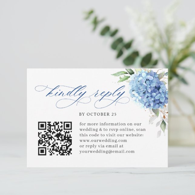 Tarjeta De Confirmación De Asistencia Elegante acuarela azul hidrangea Boda floral (Anverso de pie)
