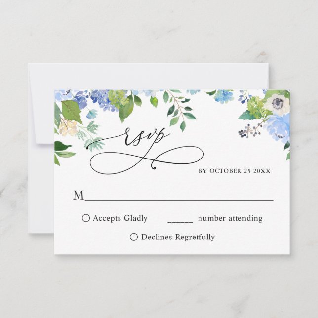 Tarjeta De Confirmación De Asistencia Elegante acuarela azul Hydrangea Boda (Anverso)