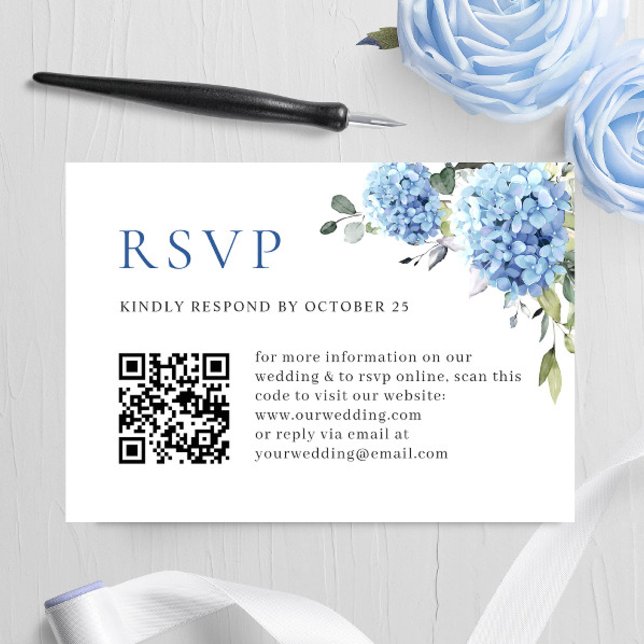 Tarjeta De Confirmación De Asistencia Elegante acuarela azul Hydrangea Boda código QR (Subido por el creador)
