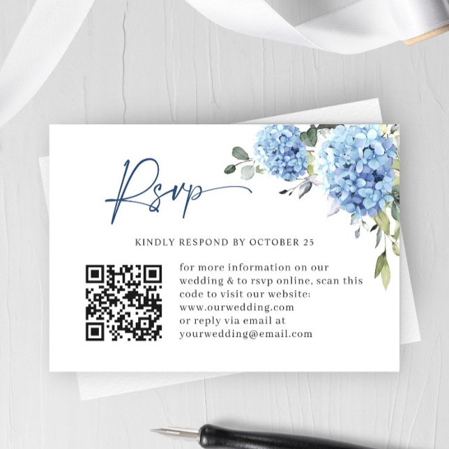 Tarjeta De Confirmación De Asistencia Elegante acuarela azul Hydrangea Boda código QR (Subido por el creador)
