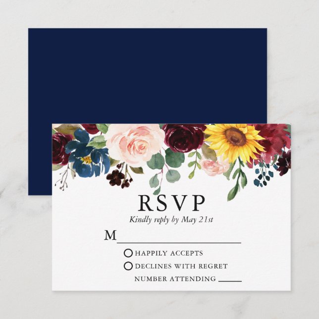 Tarjeta De Confirmación De Asistencia Elegante acuarela Boda floral mixto azul (Anverso / Reverso)