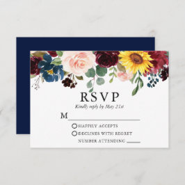 Tarjeta De Confirmación De Asistencia Elegante acuarela Boda floral mixto azul