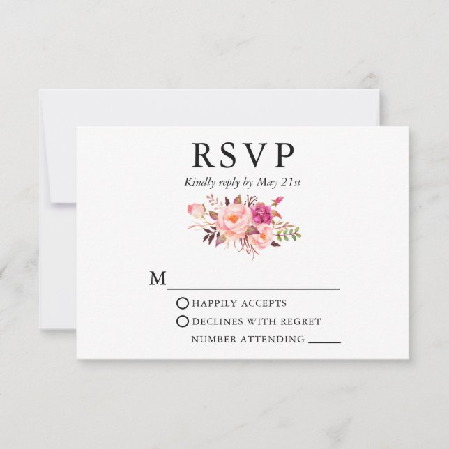 Tarjeta De Confirmación De Asistencia Elegante acuarela Boda floral rosa (Anverso)