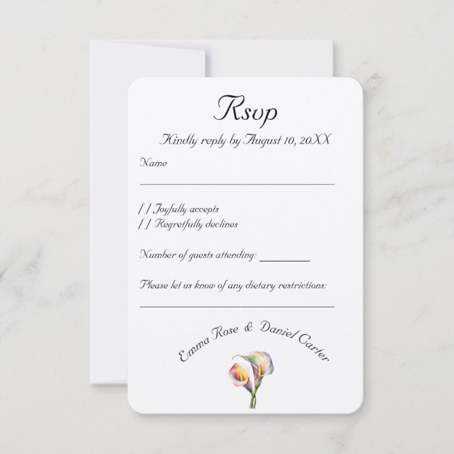 Tarjeta De Confirmación De Asistencia Elegante acuarela Calla Lilies Romántico Floral (Anverso)
