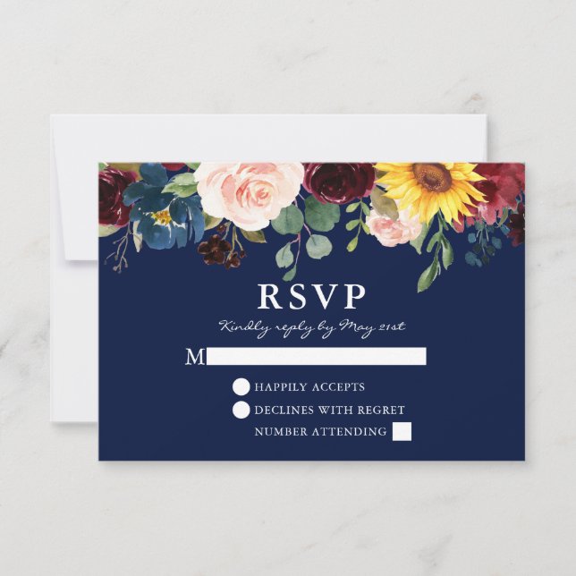 Tarjeta De Confirmación De Asistencia Elegante acuarela Floral Azul Boda (Anverso)
