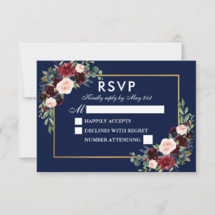 Tarjeta De Confirmación De Asistencia Elegante acuarela Floral Azul Borgoña Boda
