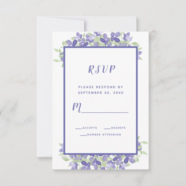 Tarjeta De Confirmación De Asistencia Elegante acuarela Floral Boda Periwinkle Azul (Anverso)