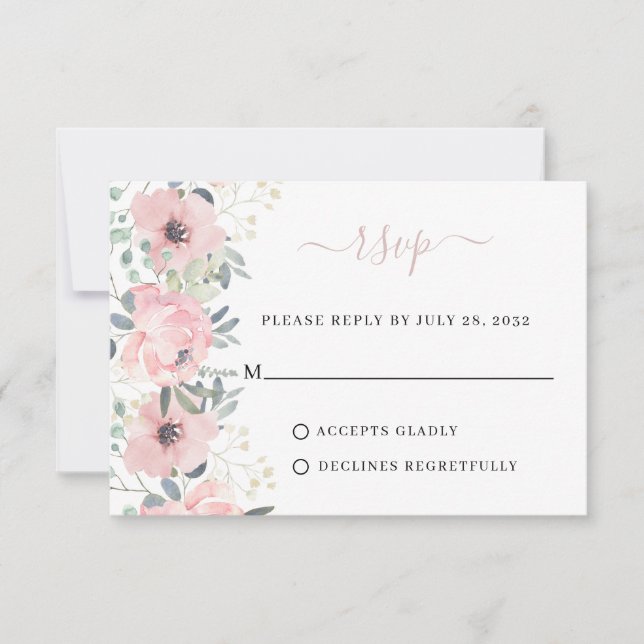 Tarjeta De Confirmación De Asistencia Elegante acuarela floral Boda rosa Rubor turbio (Anverso)