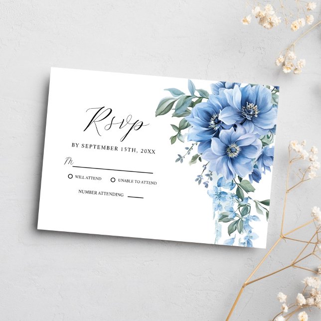Tarjeta De Confirmación De Asistencia Elegante acuarela Floral Dusty Boda Azul (Elegant Watercolor Floral Dusty Blue Wedding RSVP Card)