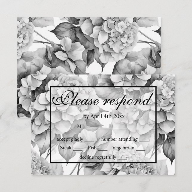 Tarjeta De Confirmación De Asistencia Elegante acuarela floral gris y blanco (Anverso / Reverso)