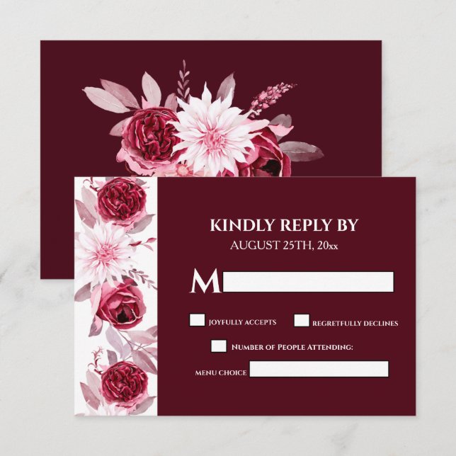 Tarjeta De Confirmación De Asistencia Elegante acuarela Flores Borgoña Boda (Anverso / Reverso)