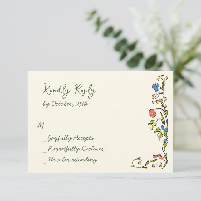 Tarjeta De Confirmación De Asistencia Elegante acuarela Flores salvajes Boda floral (Anverso de pie)