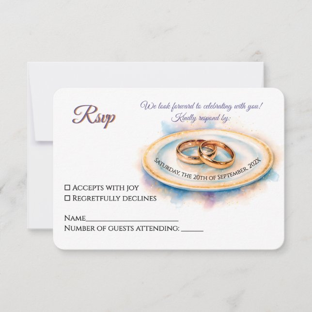 Tarjeta De Confirmación De Asistencia Elegante acuarela Golden Rosa Anillos Bodas (Anverso)