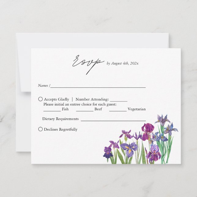 Tarjeta De Confirmación De Asistencia Elegante acuarela Iris floral boda (Anverso)