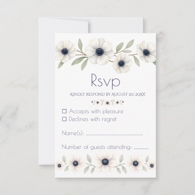 Tarjeta De Confirmación De Asistencia Elegante acuarela marfil Boda de anémona azul (Anverso)