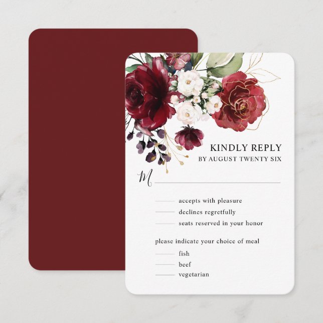 Tarjeta De Confirmación De Asistencia Elegante acuarela oro flor burgundy con comida (Anverso / Reverso)