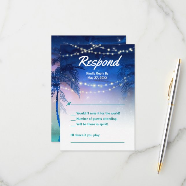 Tarjeta De Confirmación De Asistencia Elegante acuarela Palm Tree Beach Wedding (Anverso/Reverso In Situ)