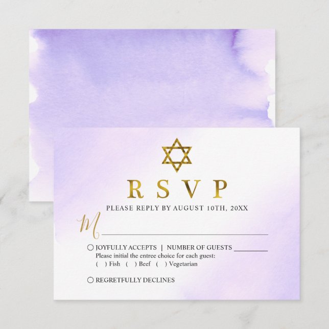 Tarjeta De Confirmación De Asistencia Elegante acuarela Pastel Purple Gold Bat Mitzvah (Anverso / Reverso)