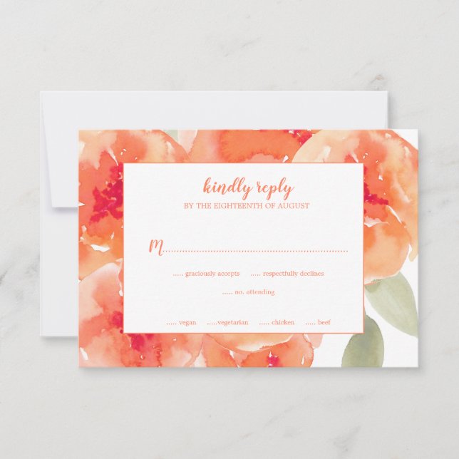 Tarjeta De Confirmación De Asistencia Elegante acuarela Peach Peonies Boda Floral (Anverso)