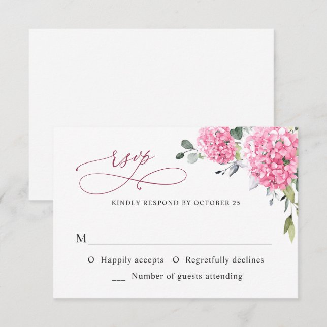 Tarjeta De Confirmación De Asistencia Elegante acuarela rosa Hydrangea Boda floral (Anverso / Reverso)