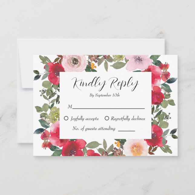 Tarjeta De Confirmación De Asistencia Elegante acuarela Rosa Rojo Boda floral (Anverso)