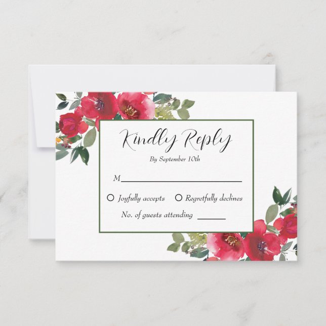 Tarjeta De Confirmación De Asistencia Elegante acuarela Rosa Rojo Boda floral (Anverso)