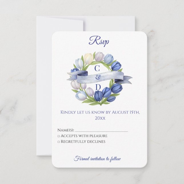 Tarjeta De Confirmación De Asistencia Elegante acuarela Tulip Wreath Boda Marfil Azul (Anverso)