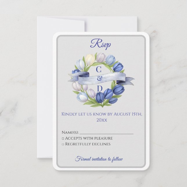 Tarjeta De Confirmación De Asistencia Elegante acuarela Tulip Wreath Boda Marfil Azul (Anverso)