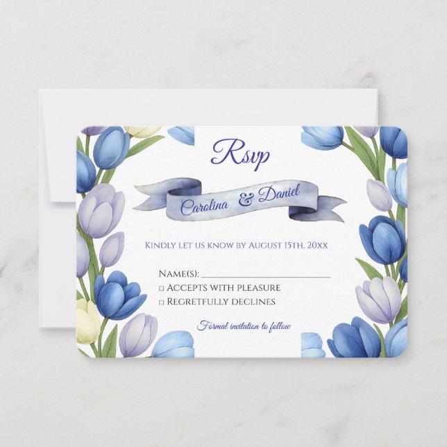 Tarjeta De Confirmación De Asistencia Elegante acuarela Tulip Wreath Boda Marfil Azul (Anverso)
