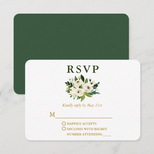 Tarjeta De Confirmación De Asistencia Elegante acuarela Verde Floral Boda de oro (Anverso / Reverso)