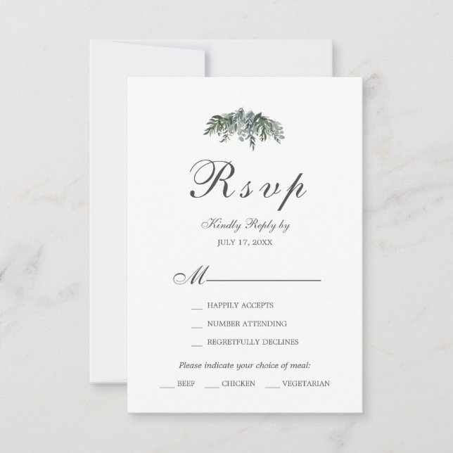 Tarjeta De Confirmación De Asistencia Elegante acuarela Verdor Elección de Comida Tarjet (Anverso)